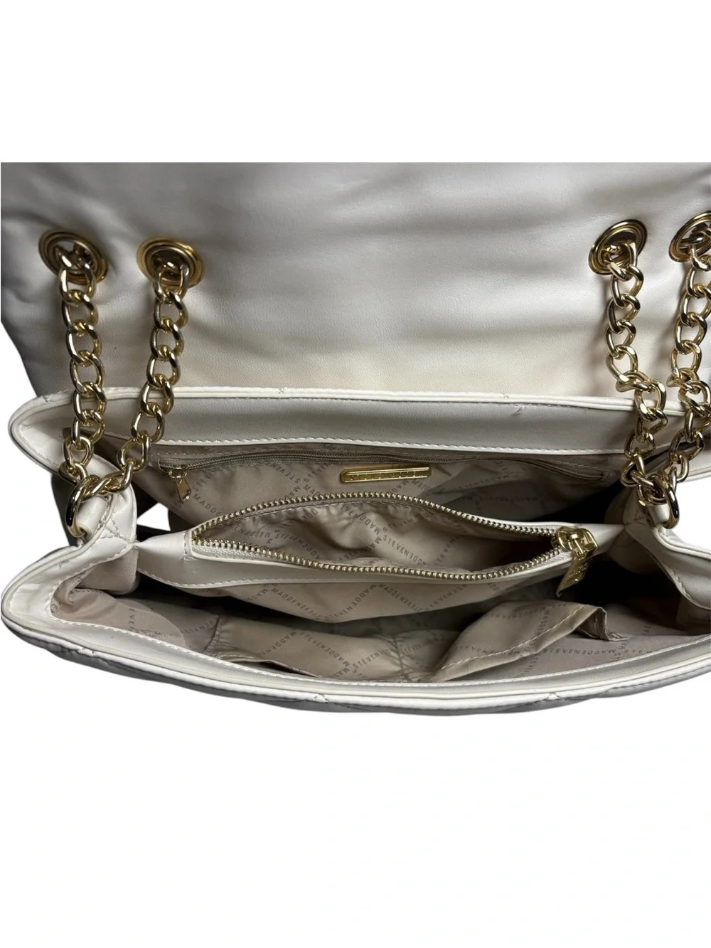 Steve Madden Quilted Shoulder Bag Off White Gold Chain Strap Faux Leather